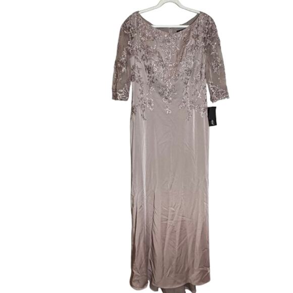 La Femme Light Mauve Jersey Gown Lace Bodice Boat Neck Long Dress Size 12 NWT - Picture 2 of 9